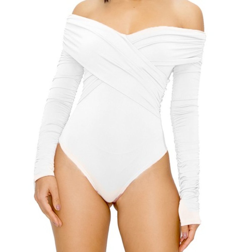 Ruched Off Shoulder Bodysuit - White